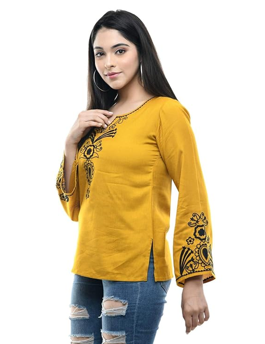 Maahi Women's Rayon Mustard Embroidery Top