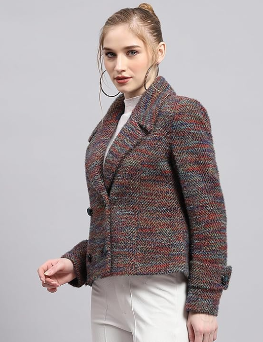 Monte Carlo Womens Self Design Collared Neck Full Sleeve Coat