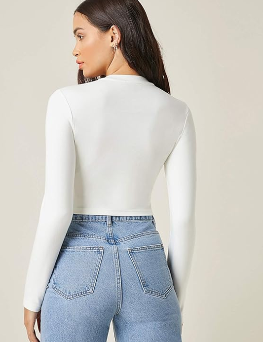 Cotton Slim Fit Blue Solid Full Sleeve Crop Top