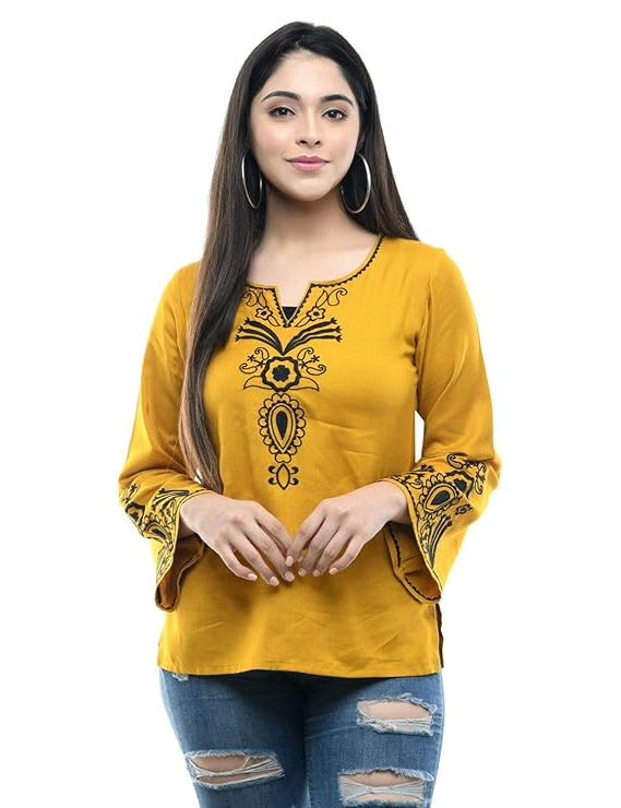 Maahi Women's Rayon Mustard Embroidery Top