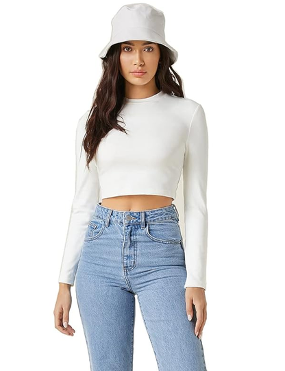 Cotton Slim Fit Blue Solid Full Sleeve Crop Top