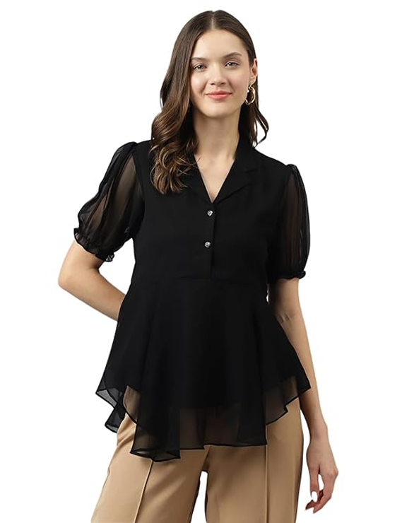 PERRY Women's Georgette Solid Flared Western Regular Fit Top