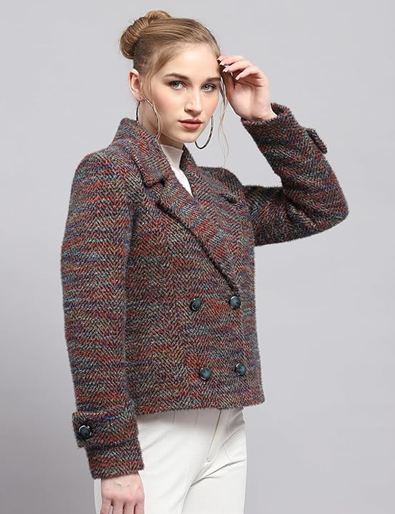 Monte Carlo Womens Self Design Collared Neck Full Sleeve Coat