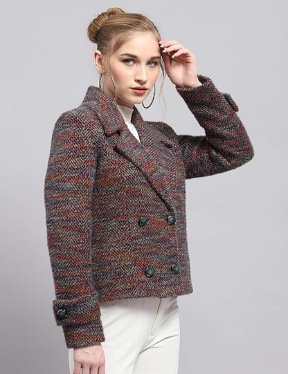 Monte Carlo Womens Self Design Collared Neck Full Sleeve Coat