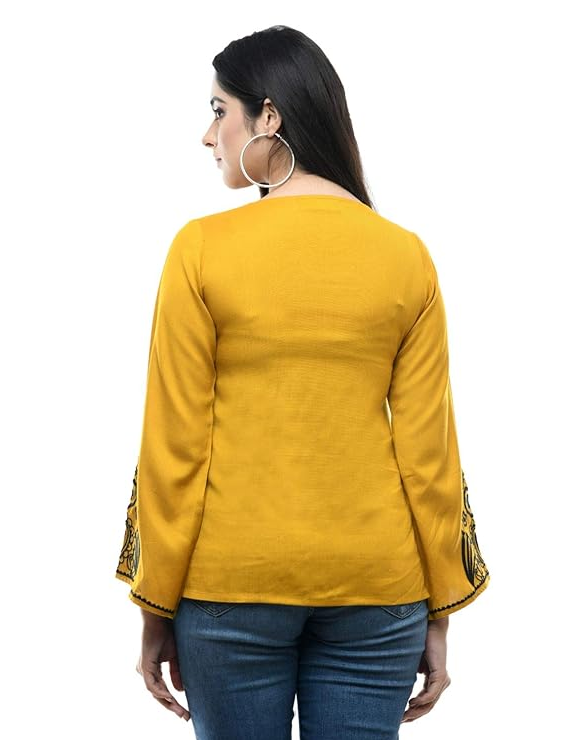 Maahi Women's Rayon Mustard Embroidery Top