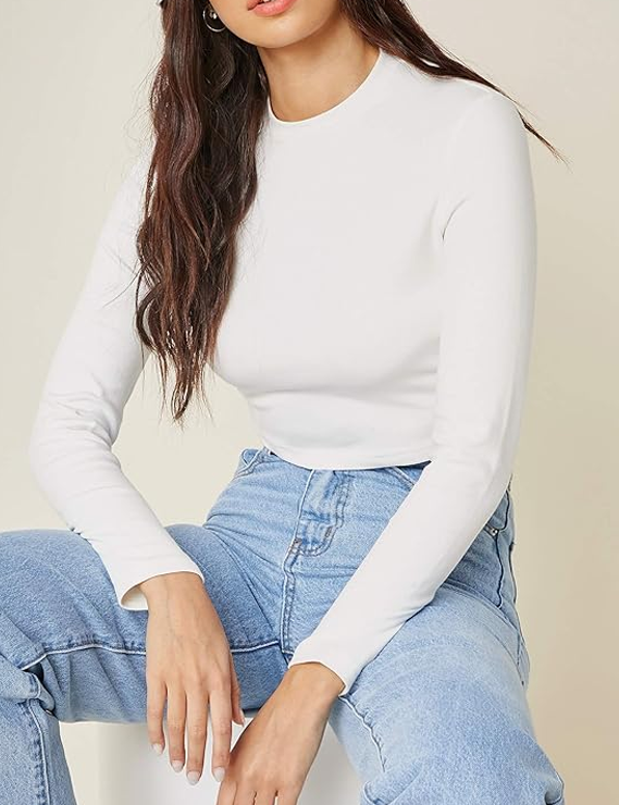 Cotton Slim Fit Blue Solid Full Sleeve Crop Top