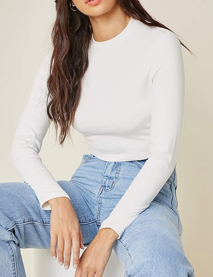 Cotton Slim Fit Blue Solid Full Sleeve Crop Top