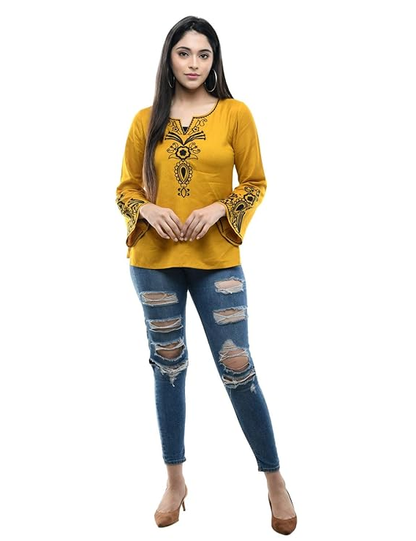 Maahi Women's Rayon Mustard Embroidery Top