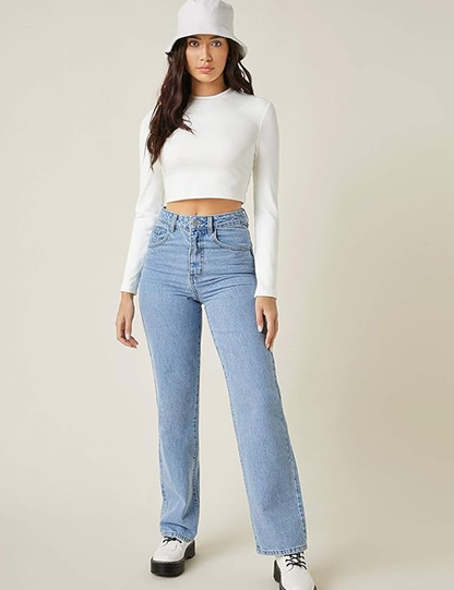 Cotton Slim Fit Blue Solid Full Sleeve Crop Top