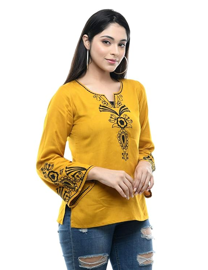 Maahi Women's Rayon Mustard Embroidery Top