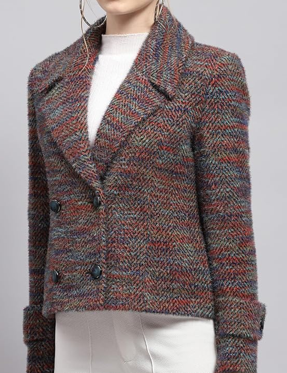 Monte Carlo Womens Self Design Collared Neck Full Sleeve Coat