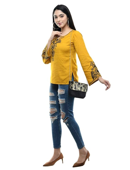 Maahi Women's Rayon Mustard Embroidery Top